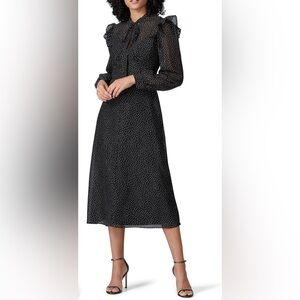 Jill Stuart Black and White Speckled Long Sleeve Midi Sheer Dress with Slip